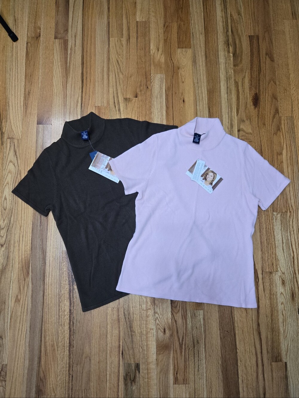 Susan Graver Mock Neck Short Sleeve Knit Tops - Light Pink and Brown